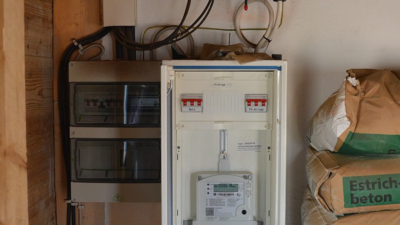 Wechselrichter und geöffneter Zählerschrank einer Photovoltaikanlage.